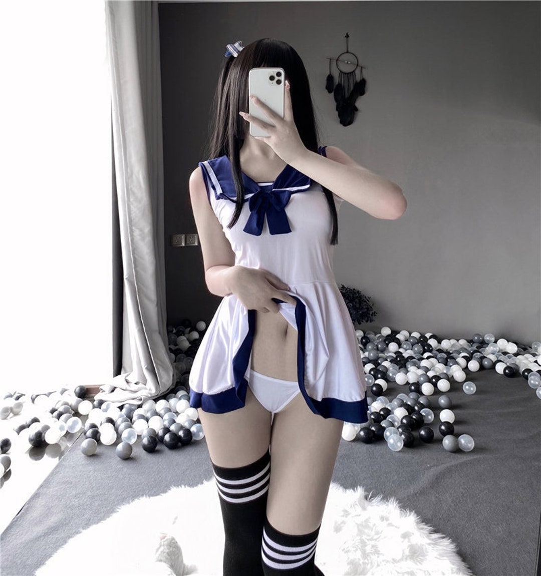 Japanese Korean School Girl Outfit - Kawaii School Girl Dress Lingerie Set - Kawaii Short Dress School Uniform with Panties - Blue White
