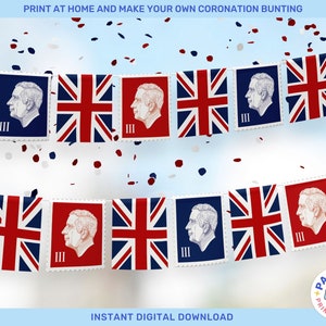 Printable Union Jack and Stamp Bunting - British Bunting - Instant Download - Royal Party Decorations - King Charles III - British Party