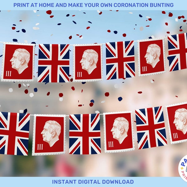 Imprimable Coronation Bunting - King Charles Stamp et Union Jack - Téléchargement instantané - Kings Coronation Party Decoration - DIY British Bunting