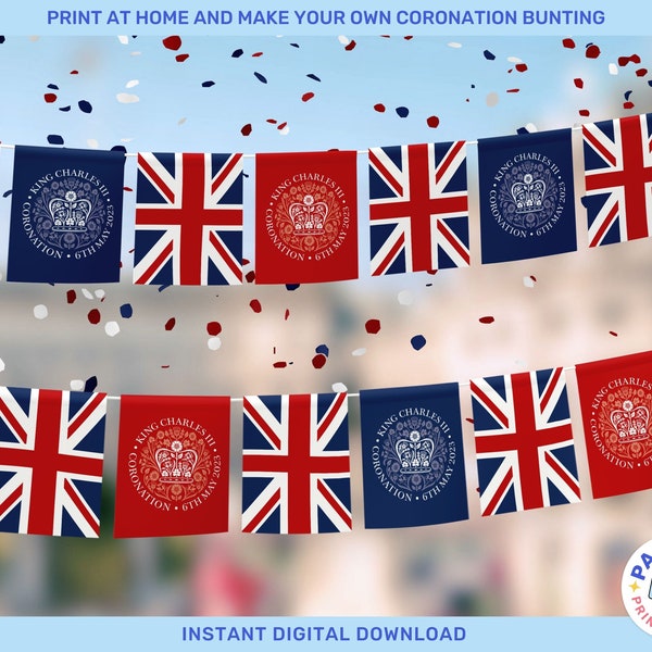 Printable Coronation Bunting - Coronation Emblem & Union Jack Bunting - Instant Download - Kings Coronation Party Decorations - DIY Bunting