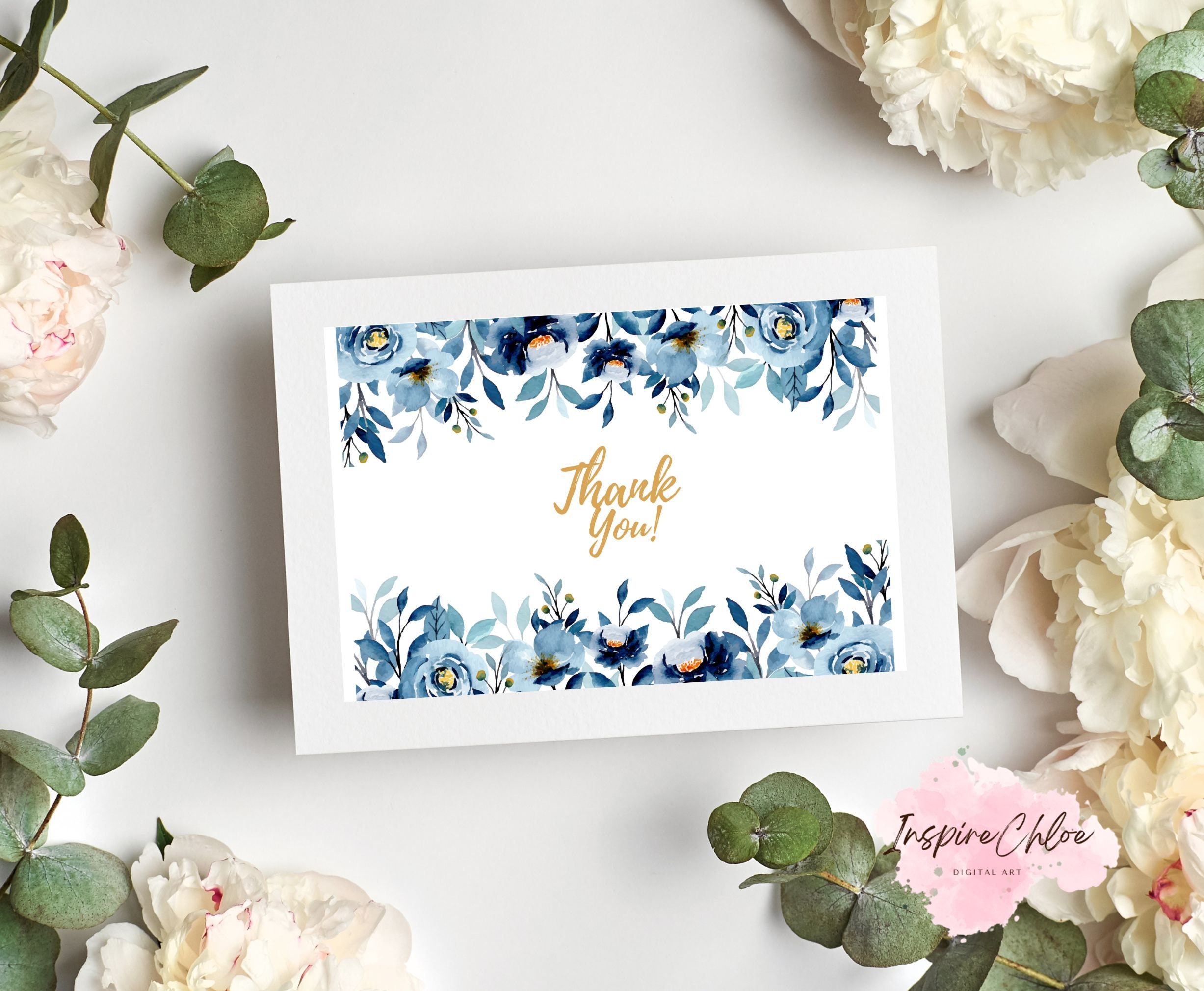 Printable Blue Rose Floral Thank You Card, Thank You Greeting Card for ...