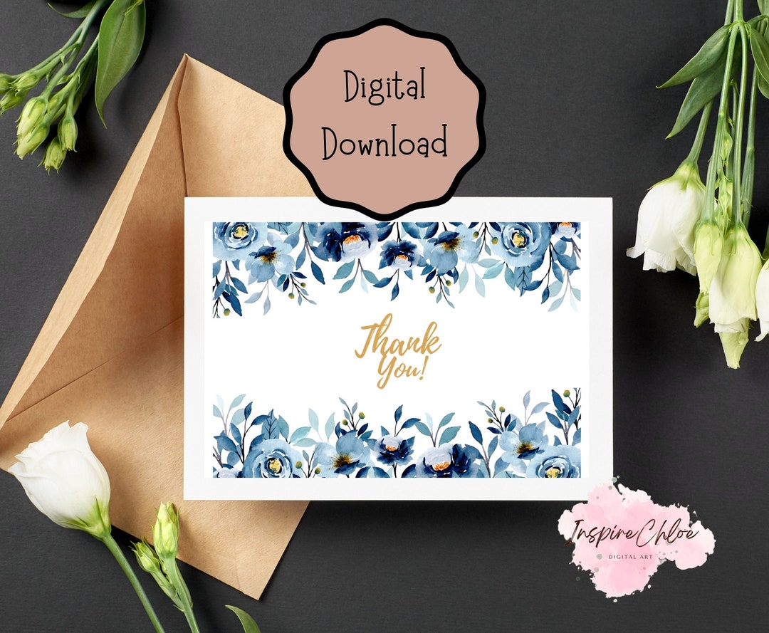 Printable Blue Rose Floral Thank You Card, Thank You Greeting Card for ...