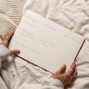 May include: A close-up of a white planner with handwritten to-do lists. The planner is open to a week's worth of days, with tasks such as "lunch with Charlotte", "shoe shopping", and "gallery opening".