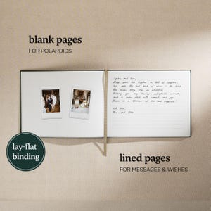 May include: An open, lay-flat binding photo album with blank pages for Polaroids and lined pages for messages. The left side displays two Polaroid photos. Text reads "blank pages for Polaroids" and "lay-flat binding". The right side has handwritten text.