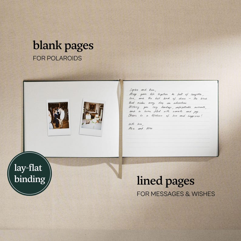 May include: An open, lay-flat binding photo album with blank pages for Polaroids and lined pages for messages. The left side displays two Polaroid photos. Text reads "blank pages for Polaroids" and "lay-flat binding". The right side has handwritten text.