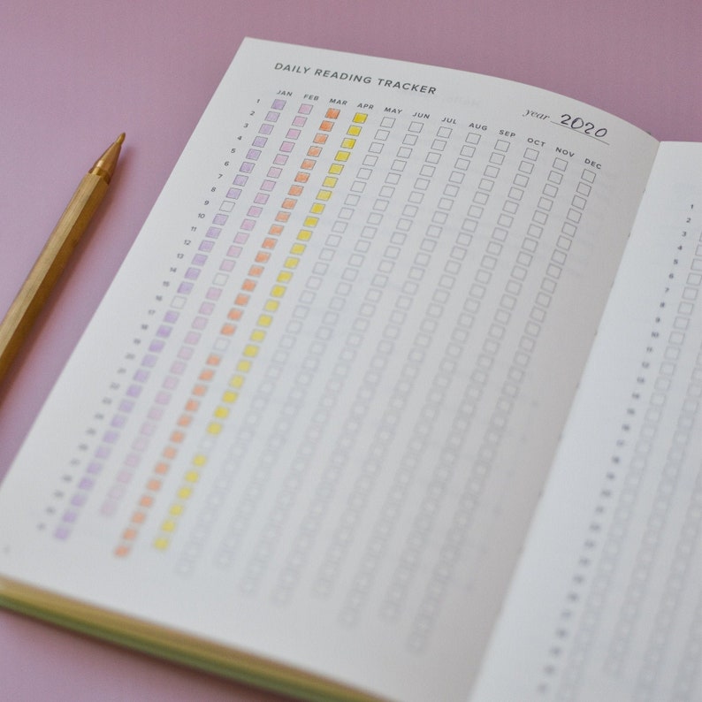 May include: A daily reading tracker with a colourful gradient of squares for each day of the year 2020. The tracker is divided into months, starting with January and ending with December.