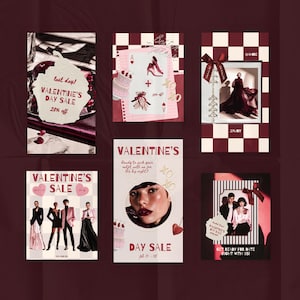 May include: A collage of six Valentine's Day sale advertisements. The ads feature images of fashion items, models, and text such as "Valentine's Day Sale" and "Get ready for date night with us!" The color scheme is primarily red, white, and black.