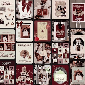 May include: A collage of holiday-themed cards and promotional materials in shades of burgundy, cream, and white. The cards feature text like "Merry Christmas," "Holiday Sale," and "Out of Office." There are also images of gifts, bows, and fashion items.