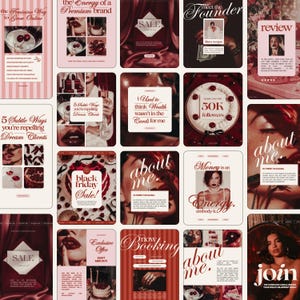 Op de afbeelding: Een verzameling social media graphics in rood- en roze tinten. De graphics bevatten tekst zoals "Sale", "About Me" en "Black Friday Sale!" samen met afbeeldingen van desserts, cocktails en vrouwen. Het algemene thema is vrouwelijk en zakelijk.