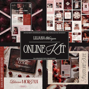 May include: A digital marketing kit by Liliana Morgan, featuring website templates, Instagram kits, and sales pages. The design uses a burgundy and cream color scheme with images of cherries and website mockups. The text includes "Online Kit" and "Overflow Code."