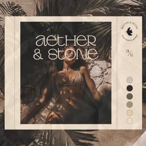 Puede incluir: Anuncio de estilo vintage para el estudio de yoga y retiro "aether & stone". La imagen presenta a una mujer en bikini acostada sobre una superficie de piedra, con texto superpuesto. La paleta de colores incluye tonos neutros y un logotipo de pájaro.