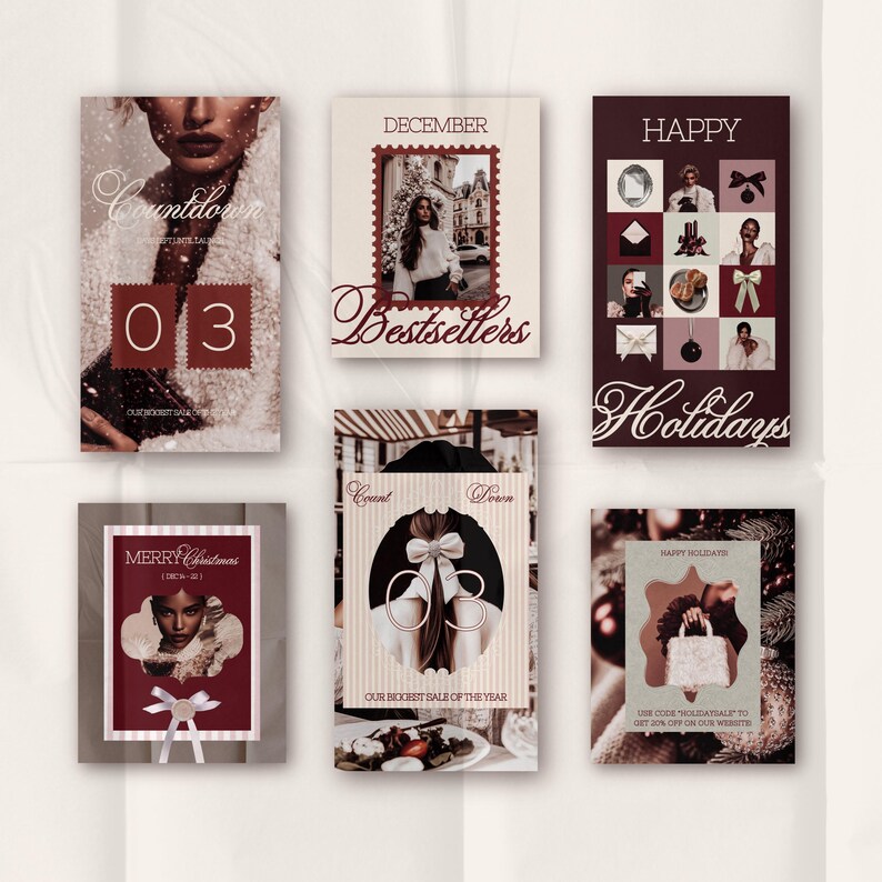 Chic editorial holiday Instagram Canva template for luxury branding, featuring a moody feminine design style suited for Instagram post ideas, Canva layout inspiration, social media marketing templates, aesthetic feed design, creative digital ads, Instagram story ideas, content planning tools, and luxe brand visuals perfect for Christmas promotions, seasonal sales, and high-end digital marketing.