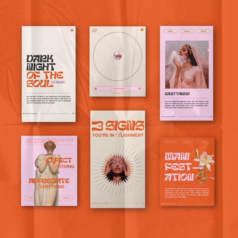 Aesthetic Instagram Canva templates for spiritual social media content creation. This modern mystic kit includes Instagram post templates and story layouts designed to help creators build cohesive feeds, share spiritual education, and market offerings with ease. Instagram Canva templates created for soulpreneurs and spiritual entrepreneurs who want to show up consistently online. Includes feed templates, post ideas, and story designs that support branding, content strategy.
