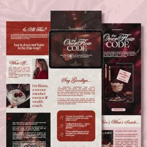 May include: A promotional graphic with a burgundy and cream color scheme. The central element is a tablet displaying "The Overflow Code" text. Additional graphics include text, a woman's image, and a dessert. The theme is self-worth and wealth.