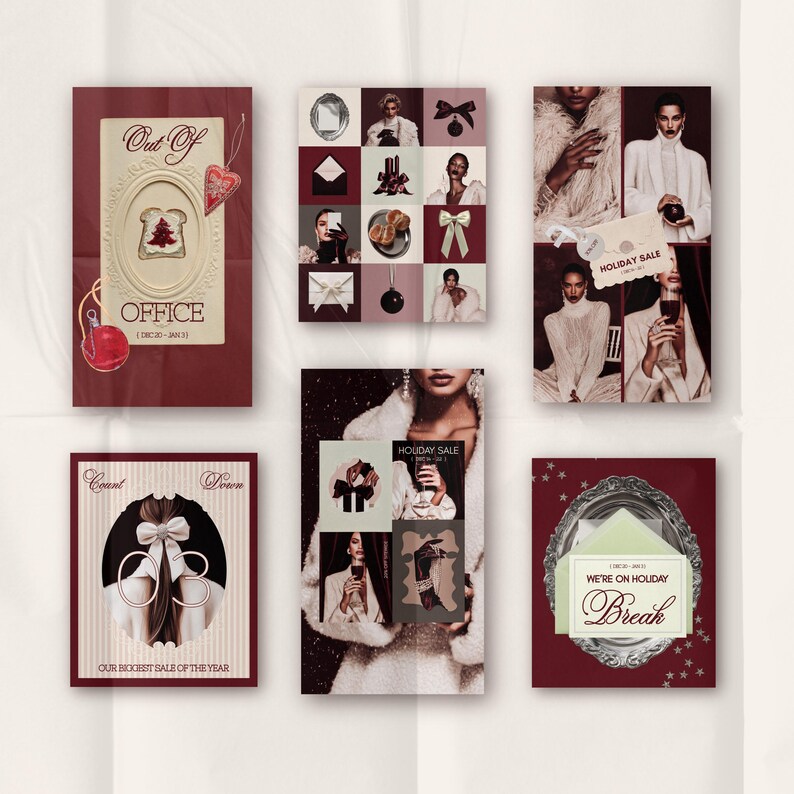 Editable chic luxury brand Christmas Instagram Canva template with moody feminine editorial design, Instagram marketing ideas, aesthetic social media templates, feed layout inspiration, Instagram story ideas, Canva template design for content creators, digital marketing ads, social media post ideas, luxe brand visuals, and holiday campaign content for coaches, influencers, and small businesses.