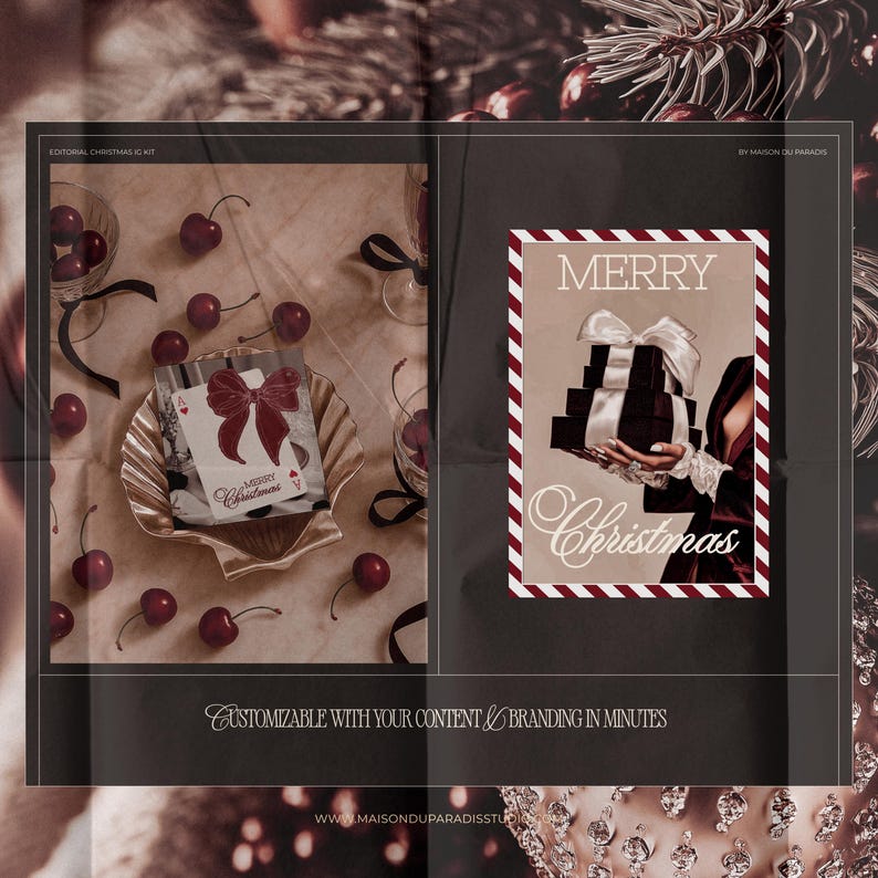 Luxury aesthetic Christmas Instagram Canva template with editorial chic feminine branding for social media marketing, featuring Instagram post templates, Canva story layouts, moody digital marketing creatives, Instagram feed aesthetic ideas, holiday sale graphics, luxury brand design inspiration, social media advertising posts, and premium template designs for creators and small business owners.