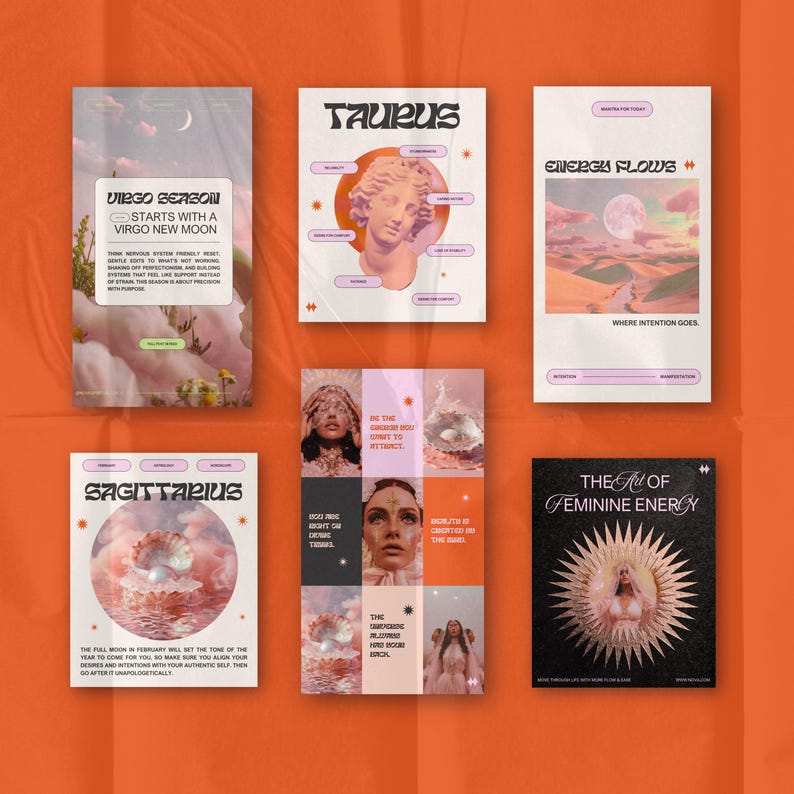 Instagram post and story templates for Canva created for modern mystics, tarot readers, astrologers, and wellness coaches. This aesthetic Instagram kit supports branding, marketing, and content consistency across your feed and stories. Canva Instagram templates designed to support spiritual social media marketing and personal branding. This modern mystic kit includes aesthetic post layouts and story designs for creators who want bold, dreamy, and aligned Instagram content.