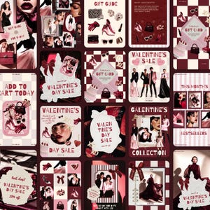 May include: A collage of Valentine's Day themed promotional cards in shades of red, pink, and white. The cards feature images of fashion accessories, gift guides, and models. Text includes "Valentine's Day Sale" and "Gift Guide".
