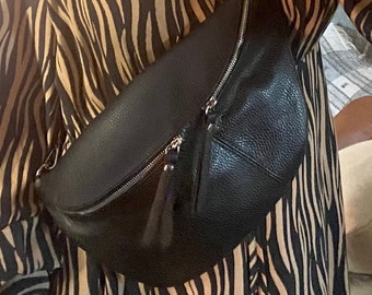 XL Black Sling Bag, Oversized Black Chest Bag, XL Bum Bag, Holiday Bag, Airport Bag, Black Fanny Pack, XL Fanny Pack, Real Leather Sling Bag