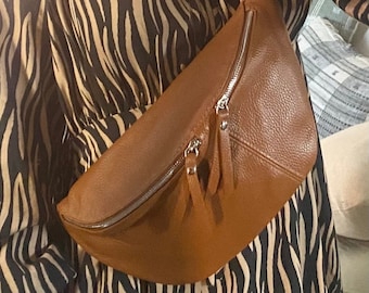 Italian Leather Sling Bag, Dark Tan Bum Bag, Chest Purse, Handmade in Italy