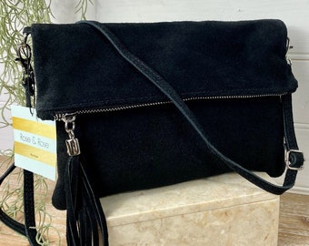 Kuh Wildleder Quaste Umhängetasche: Handgemachte Schwarze Leder Clutch