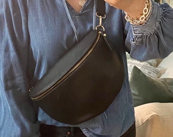 Large Black Leather Bum Bag, Black Chest Bag, Sling Bag, Black Fanny Pack, Large Bum Bag, Black Sling Purse, Festival Bag, Black Bum Bag