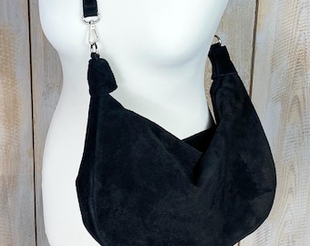 Genuine Suede Slouchy Bag: Black Half Moon Slouch Crossbody.  Real Suede - Made in Italy
