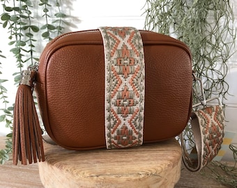 Dark Tan Real Leather Purse, Tan Crossbody Bag, Cow Leather Tassel Purse - Handmade in Italy