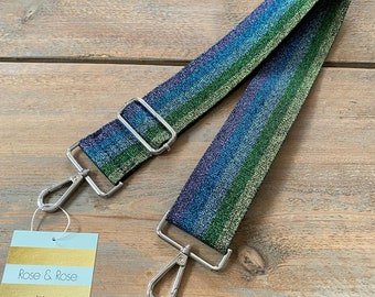 Blue Rainbow Bag Straps, Blue and Green Crossbody Bag Straps, Blue Glittery Stripe Strap,Glitzy Strap, Blue Stripe Strap, Glittery Bag Strap