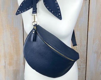 Navy Leather Bum Bag, Navy Real Leather Sling Bag, Navy Fanny Pack, Large Bum Bag - Made in Italy