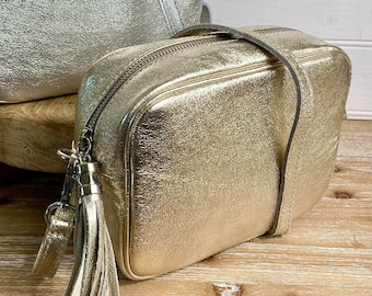 Bolso bandolera dorado, bolso bandolera de cuero dorado, bolso con borlas doradas, bolso bandolera dorado, bolso disco dorado, bolso para cámara dorado, bolso de cuero genuino