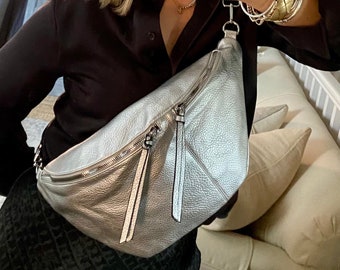 Silver Sling Bag, XL Bum Bag, Oversized Silver Chest Bag, XL Fanny Pack, Holiday Bag, Airport Bag, Metallic Fanny Pack, Maxi Sling Bag,