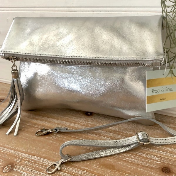 Silver Crossbody Bag,  Metallic Leather Bag, Silver Tassel Bag, Silver Clutch Bag, Silver Evening Bag, Silver Purse , Metallic Clutch Bag