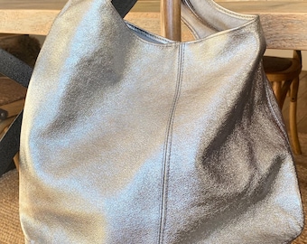 Metallic Leather Slouchy Hobo Bag: Handmade Cow Shoulder Bag, Handmade in Italy