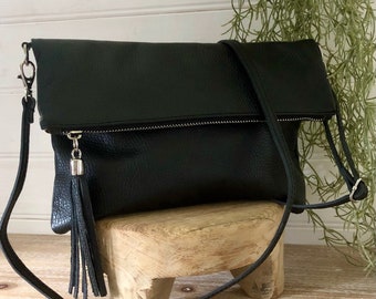 Black Leather Crossbody Tassel Bag, Black Real Leather Crossbody Bag, Black Tassel Bag, Black Leather Clutch, Black Leather Tassel Purse