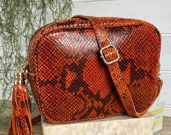 Snakeskin Print Bag Orange Leather Bag Orange Snakeskin Bag Orange Crossbody Bag Orange Snakeskin Purse Animal print Bag Orange Purse