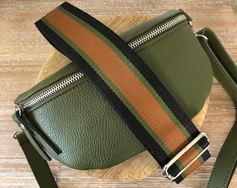 Olive Green Bum Bag, Green Leather Chest Bag, Khaki Fanny Pack, Olive Crossbody Bum Bag, Bum Bag with Strap, Green Chest Bag, Moon Bag Purse