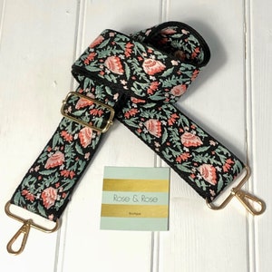 Flower Embroidered Bag Strap Floral Bag Strap Black Embroidered