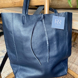Navy Leather Tote Bag, Leather Shopper, Tan Laptop Bag, Leather Shoulder Bag, Large Tote, Large Leather Work Bag, Leather Laptop Bag, Tote