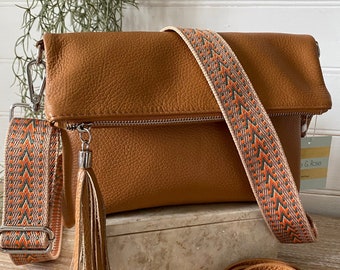 Tan Real Leather Tassel Bag: Cow Leather Clutch, Crossbody Purse - Handmade in Italy