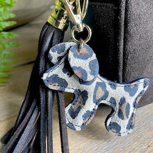 Dog-Shaped Leopard Suede Bag Charm | Cute Dog Key Ring | Animal Lover Gift | Leather Bag Accessory | Suede Keychain and Charm | REAL SUEDE