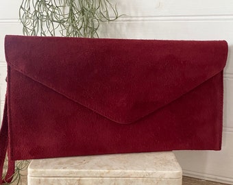 Oxblood Suede Clutch, Tan Evening Bag, Envelope Clutch Bag, Chain Strap Bag, Wristlet Bag, Red Suede Clutch, Dark Wine Suede Bag, Tan Clutch