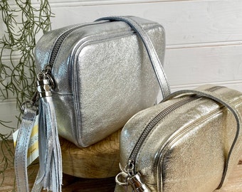 Silver Crossbody Bag, Silver Leather Crossbody, Silver Tassel Bag, Silver Purse, Metallic Disco Bag, Silver Camera Bag, Silver Disco Bag