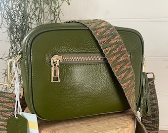 Olive Green Leather Crossbody Bag: Braided Handle, Handmade Cow