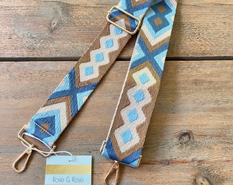 Blue Bag Strap, Boho Bag Strap, Aztec Strap, Bohemian Bag Strap, Blue Aztec Bag Strap, Bohemian Bag Strap, Blue Purse Strap, Brown Bag Strap