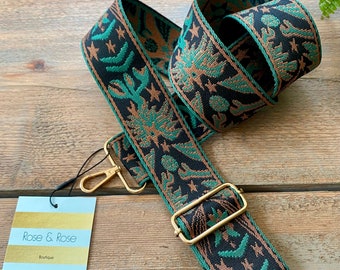 Green Bag Strap, Green and Black Strap, Green Patterned Strap, Green Boho Strap, Country and Western Bag Strap, Embroidered Bag Strap, Boho