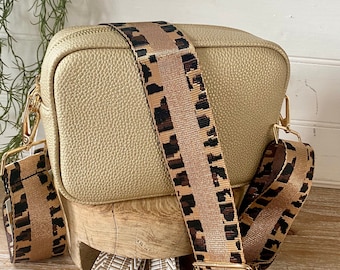 Gouden Crossbody tas, gouden tas met twee riemen, gouden veganistisch lederen crossbody, gouden niet-lederen tas, gouden PU-handtas, gouden luipaardprintriem