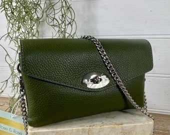 Olive Designer Style Bag, Olive Crossbody, Olive Leather Handbag, Classic Style Bag, Toggle Clasp Bag, Chain Strap Bag, Khaki Green Purse