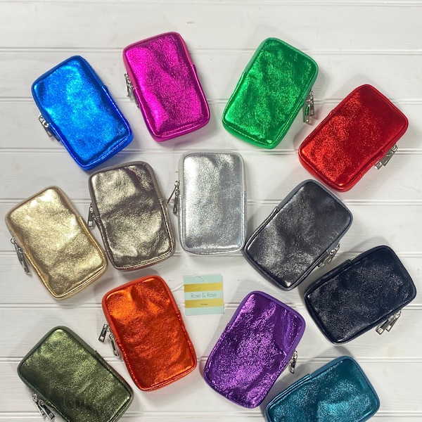 Metallic lederen telefoontas, telefoon crossbody, telefoontas, telefoontas, telefoonzakje, kleine crossbody tas, discokleuren, felle kleuren, kleurrijke tas