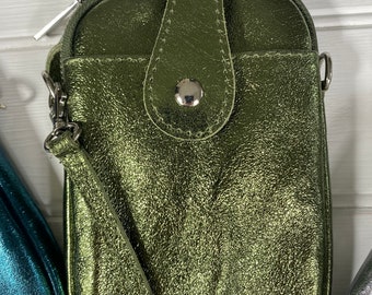 Bronze Leather Phone Crossbody Bag: Olive Green Metallic Phone Purse, Small  Crossbody Bag, Metallic Cowhide